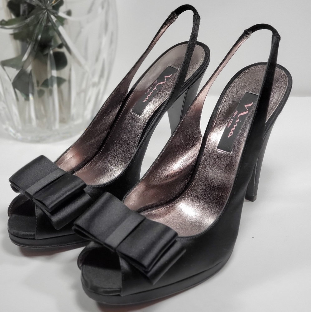 Nina Black Satin Peep-Toe Slingback Heels Size 9.5